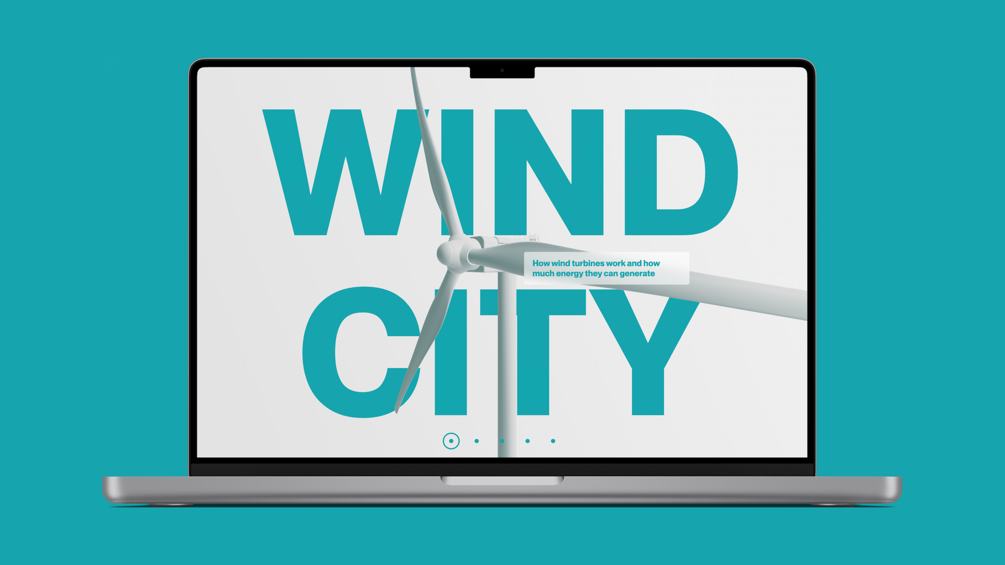 Der Startbildschirm von "Wind City" mit einem Windkraftwerk und dem Titel
