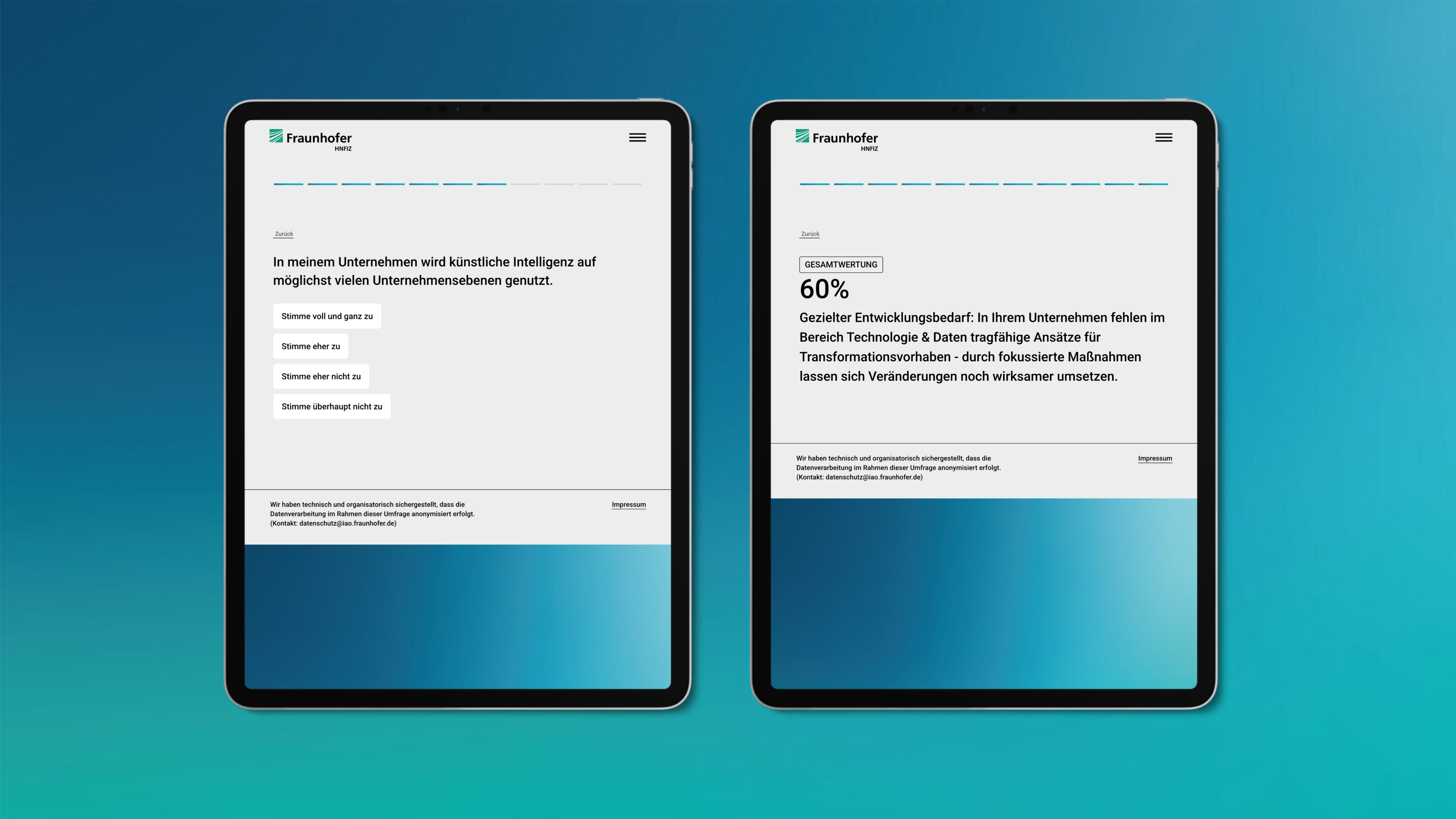 Two tablet views of the Fraunhofer HNFIZ Transformation and New Governance Index: the left tablet displays a survey question on the use of artificial intelligence across company levels, with four answer options ranging from "Strongly agree" to "Strongly disagree"; the right tablet shows the personalized overall evaluation with a result of 60% and a concrete recommendation for action in the area of Technology & Data.