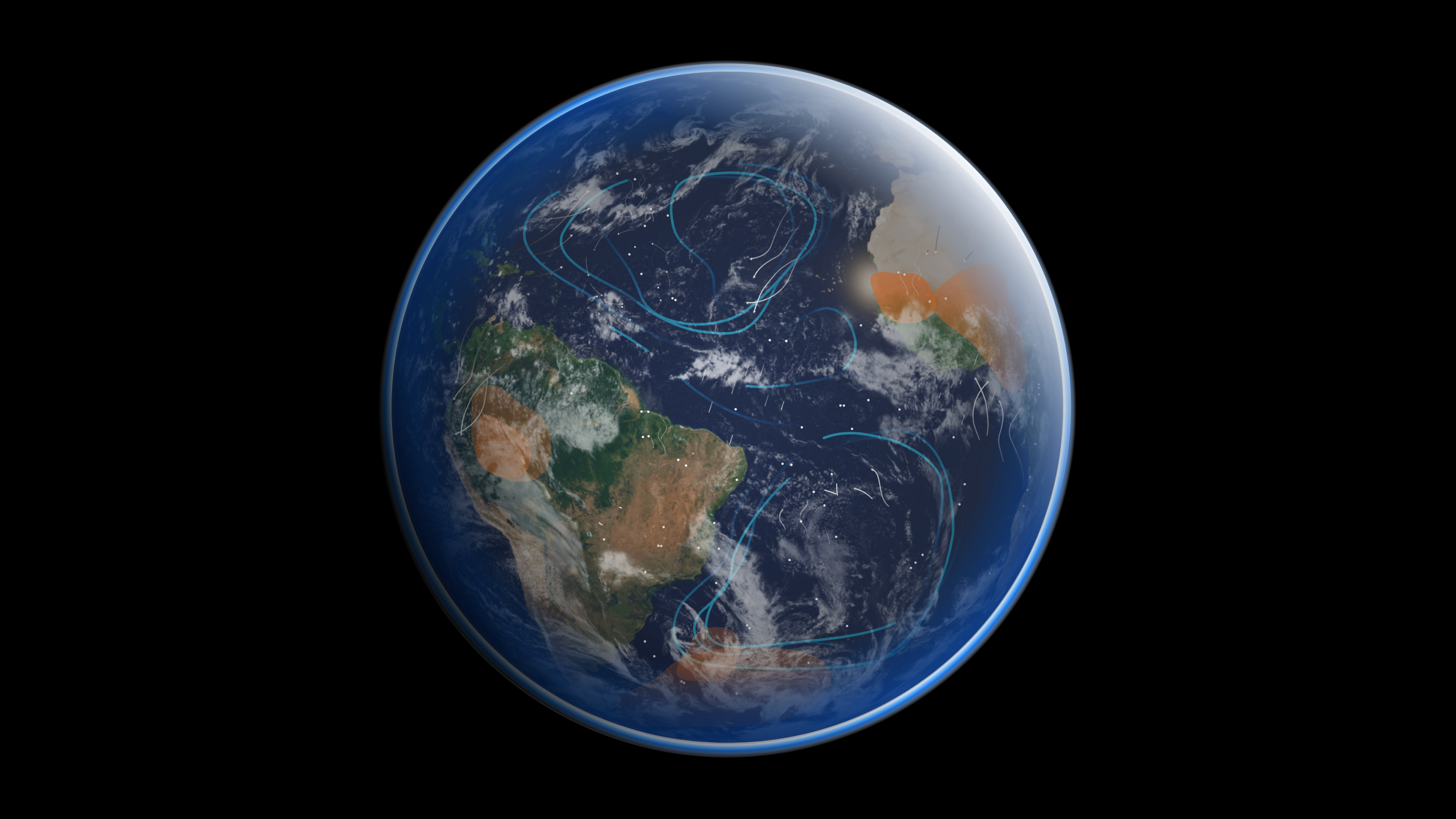 Three-dimensional visualization of Earth against a black background with animated turquoise and white lines depicting atmospheric currents and wind systems over the Atlantic Ocean and South America.