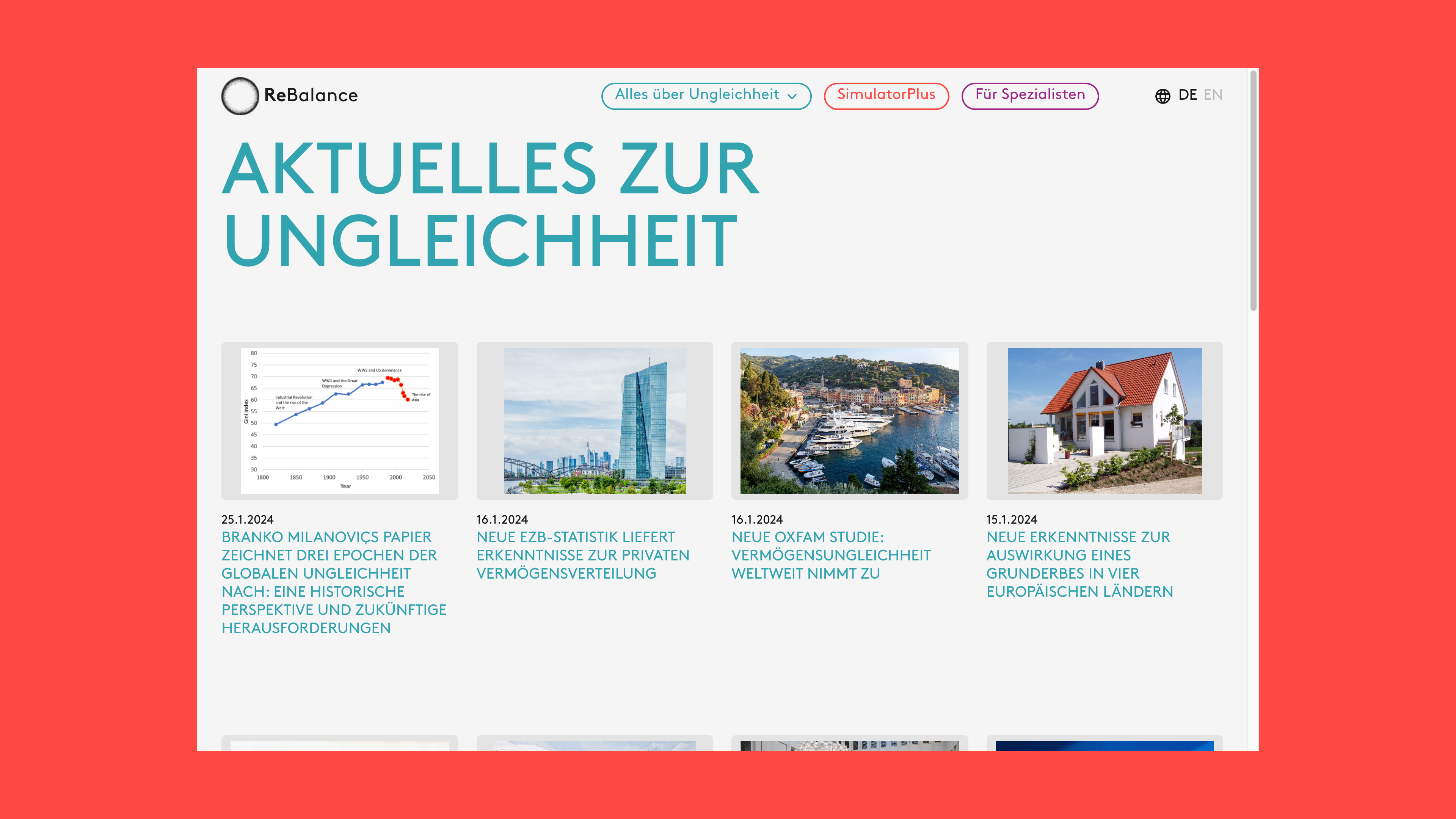 Webseite von ReBalance mit dem Titel 'Aktuelles zur Ungleichheit' und vier Artikeln zu Vermögensverteilung und Ungleichheit in Europa, jeweils mit Bild und Datum