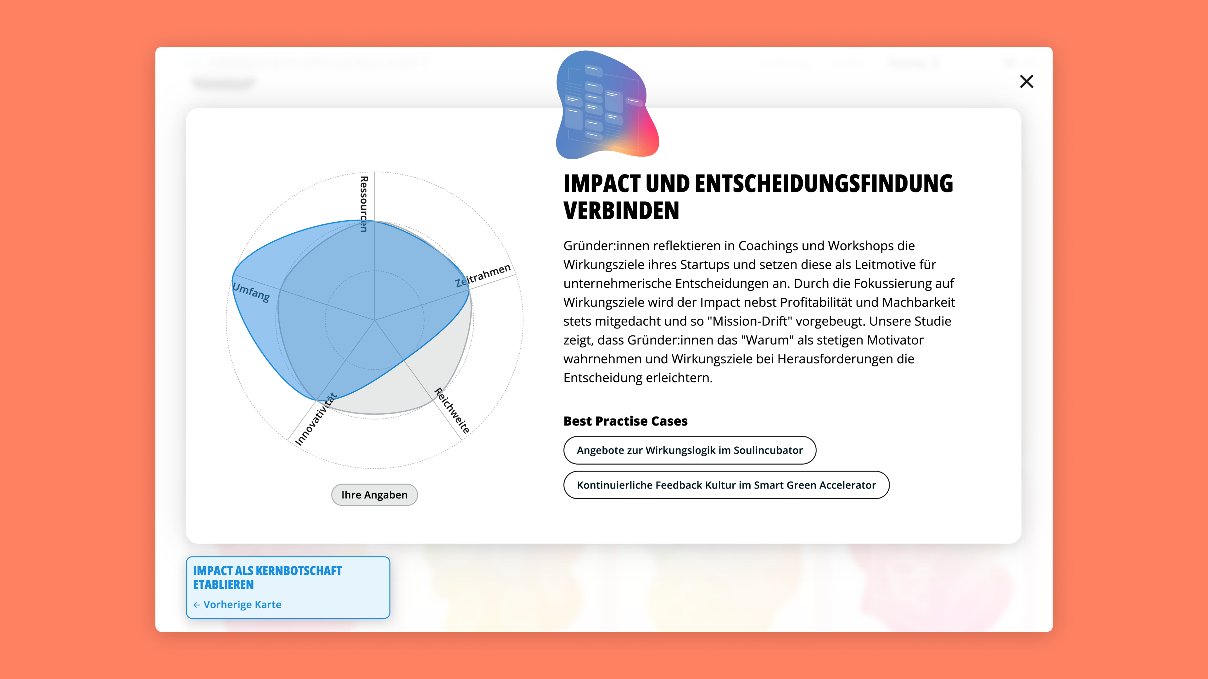 Eine Karte, die den Benutzer über die Vorteile aufklärt, die sich ergeben, wenn man die Auswirkungen seiner Ziele sieht. Auf der linken Seite zeigt eine Grafik die Bewertung dieses Verfahrens anhand der Kriterien "Ressourcen", "Umfang", "Neuartigkeit", "Reichweite" und "Zeitrahmen".