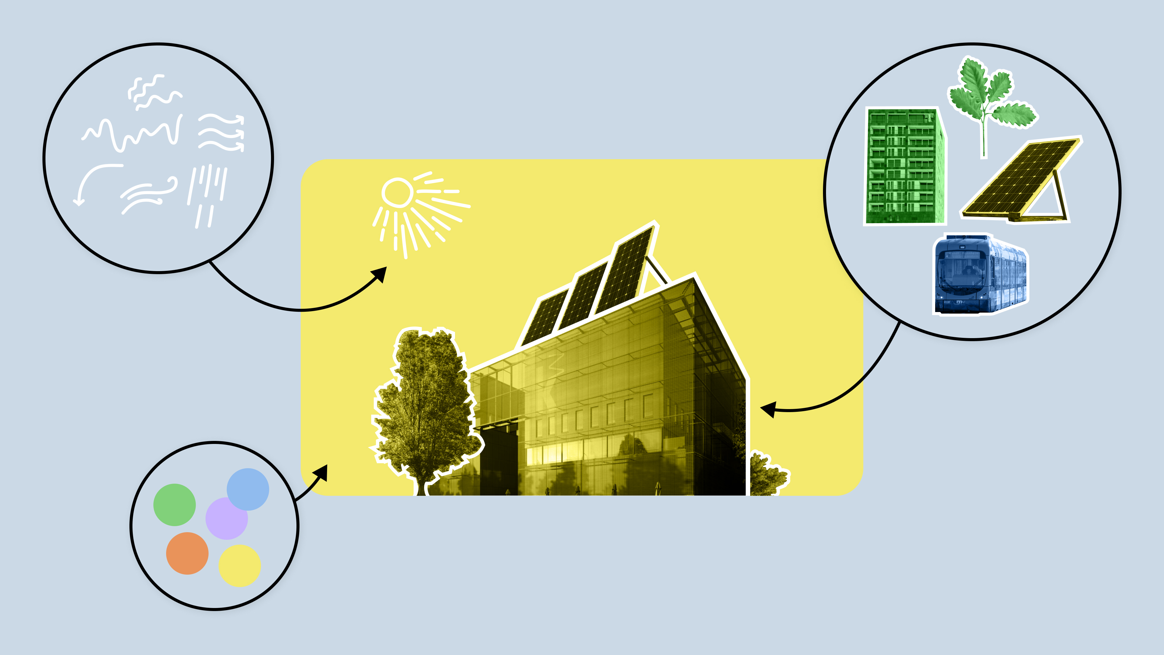 Grafik eines Gebäudes mit Solarpanelen auf dem Dach, umgeben von Symbolen für Sonnenenergie, Pflanzen, Elektronik und Farbpunkte