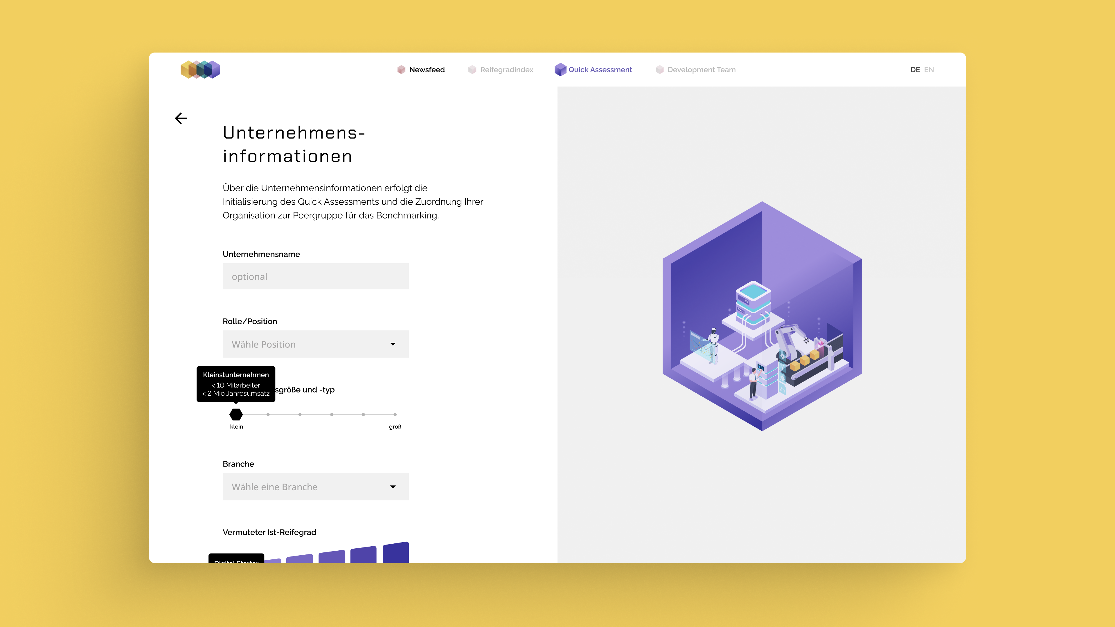 Desktop view of the company information page of the acatech Maturity Quick Assessment Smart Service, featuring a form for entering company name, role, company size, and industry, as well as a selection of the estimated current maturity level – accompanied by an isometric illustration of a purple hexagon depicting a factory scene with robots, machinery, and workers.