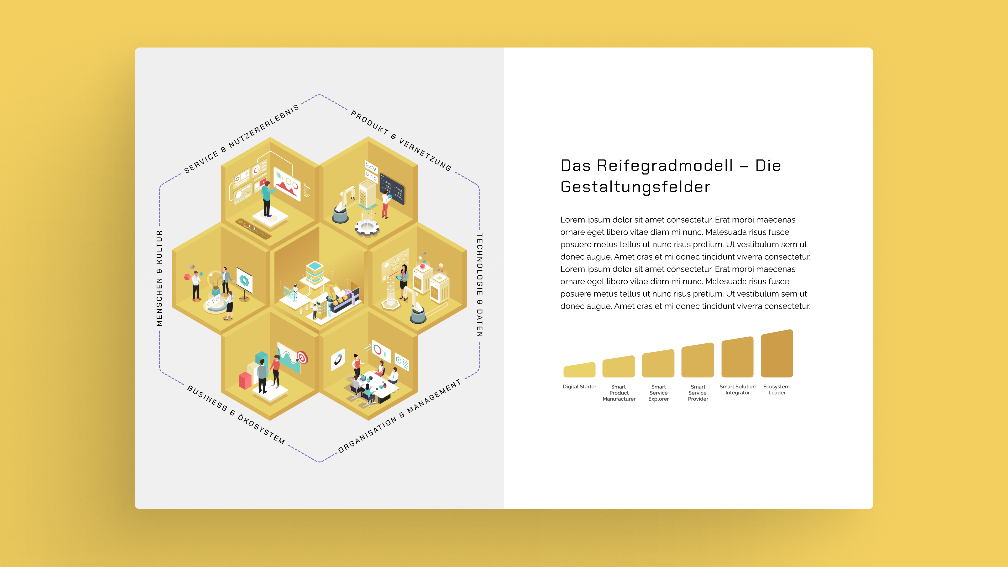 Desktop view of the maturity model page of the acatech Maturity Hub Smart Services, featuring an illustration of six golden isometric hexagons, each depicting a thematic scene representing the design fields Service & User Experience, Product & Connectivity, Technology & Data, Organization & Management, Business & Ecosystem, and People & Culture – complemented by a bar chart of the six maturity levels from Digital Starter to Ecosystem Leader.