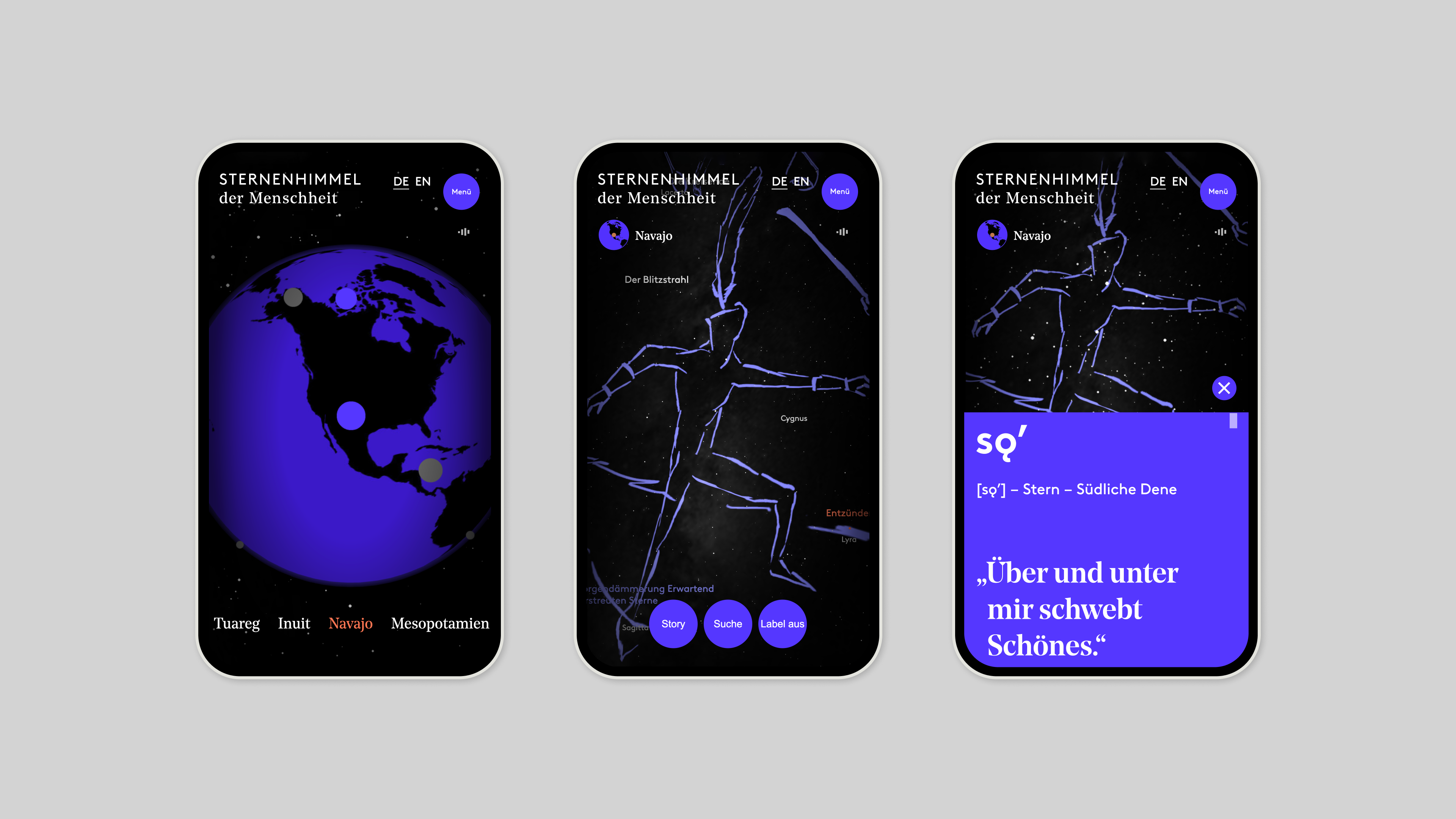 Smartphone-Bildschirme, die zeigen, wie man durch die Konstellationen einer Kultur navigiert. Zuerst klicken Sie auf ein 3D-Modell der Erde, dann sehen Sie das 3D-Modell der Sternbilder und lesen dann den erklärenden Text.