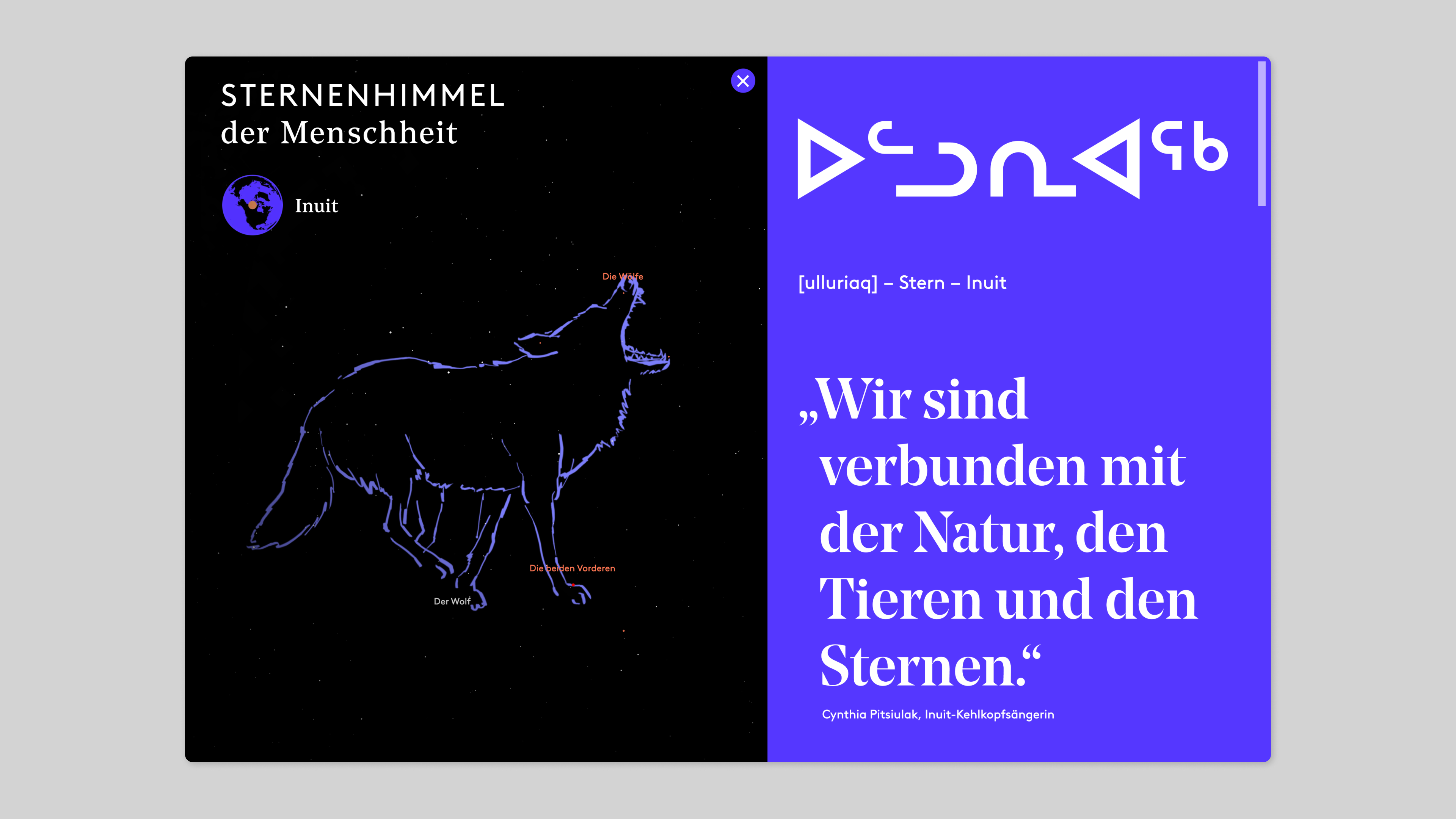 Ein Screenshot, der ein immersives 3D-Explorationswerkzeug zeigt, mit dem der Benutzer den Nachthimmel der Inuit-Kultur erkunden kann. Die linke Seite der Webseite zeigt eine fesselnde Illustration des Sternbilds Wolf, während der begleitende Text auf der rechten Seite der Webseite Einblicke in die reichhaltigen Geschichten hinter diesen Konstellationen bietet.