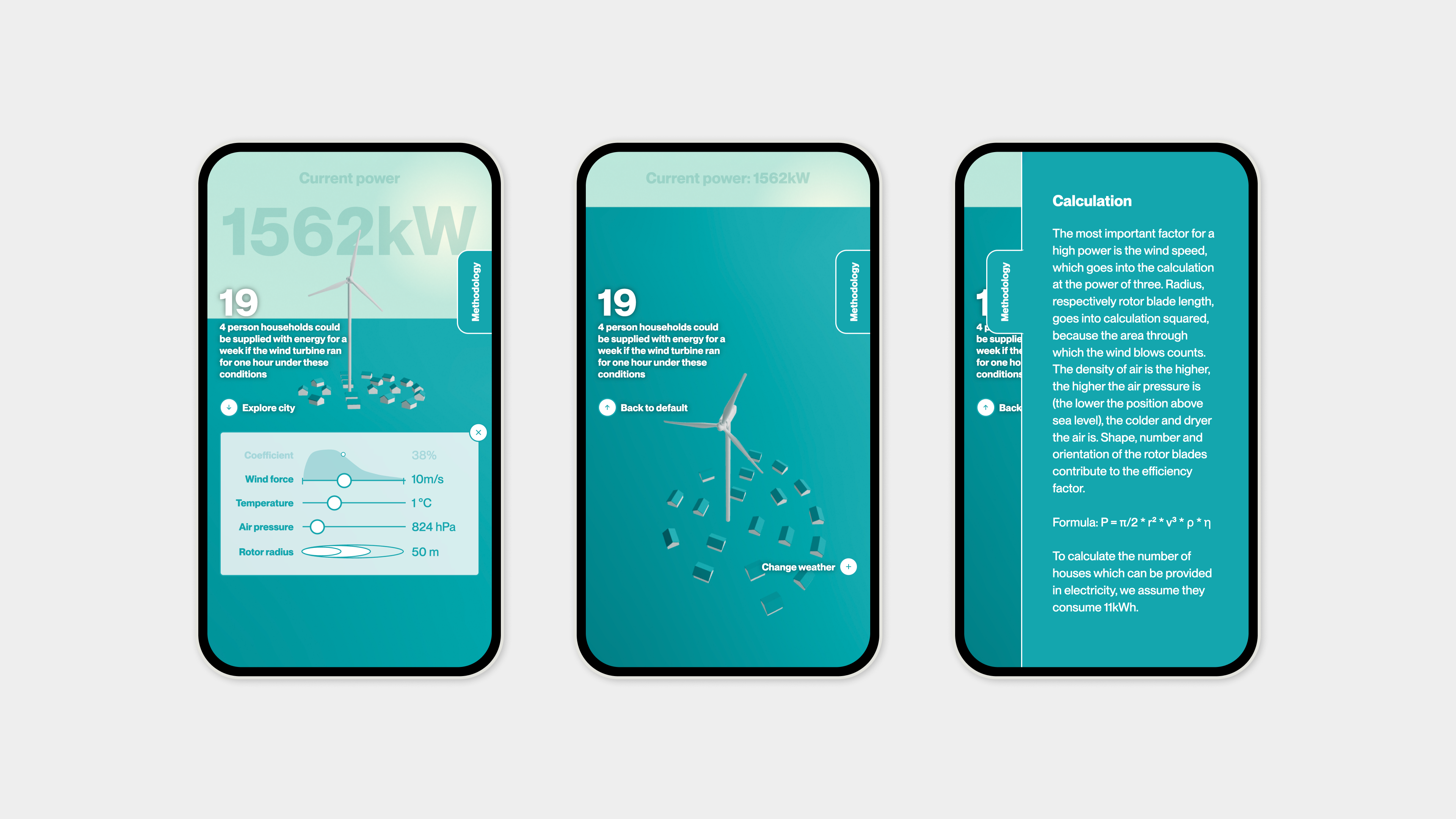 Three mobile screens, each showcasing a different feature of the “WIND CITY” app. The first 2 show the 3D interactive tool while the 3rd shows a textual explanation of the 3D content.